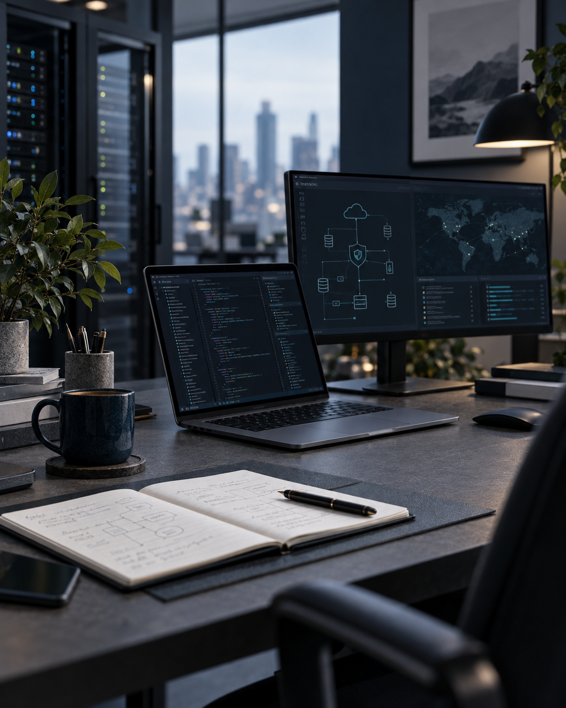 Technische werkplek met systemen, infrastructuur en security-monitoring.
