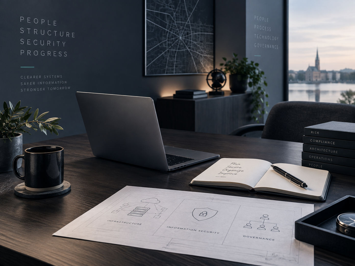 Zakelijke technische werkplek waarin infrastructuur, informatiebeveiliging en governance samenkomen.