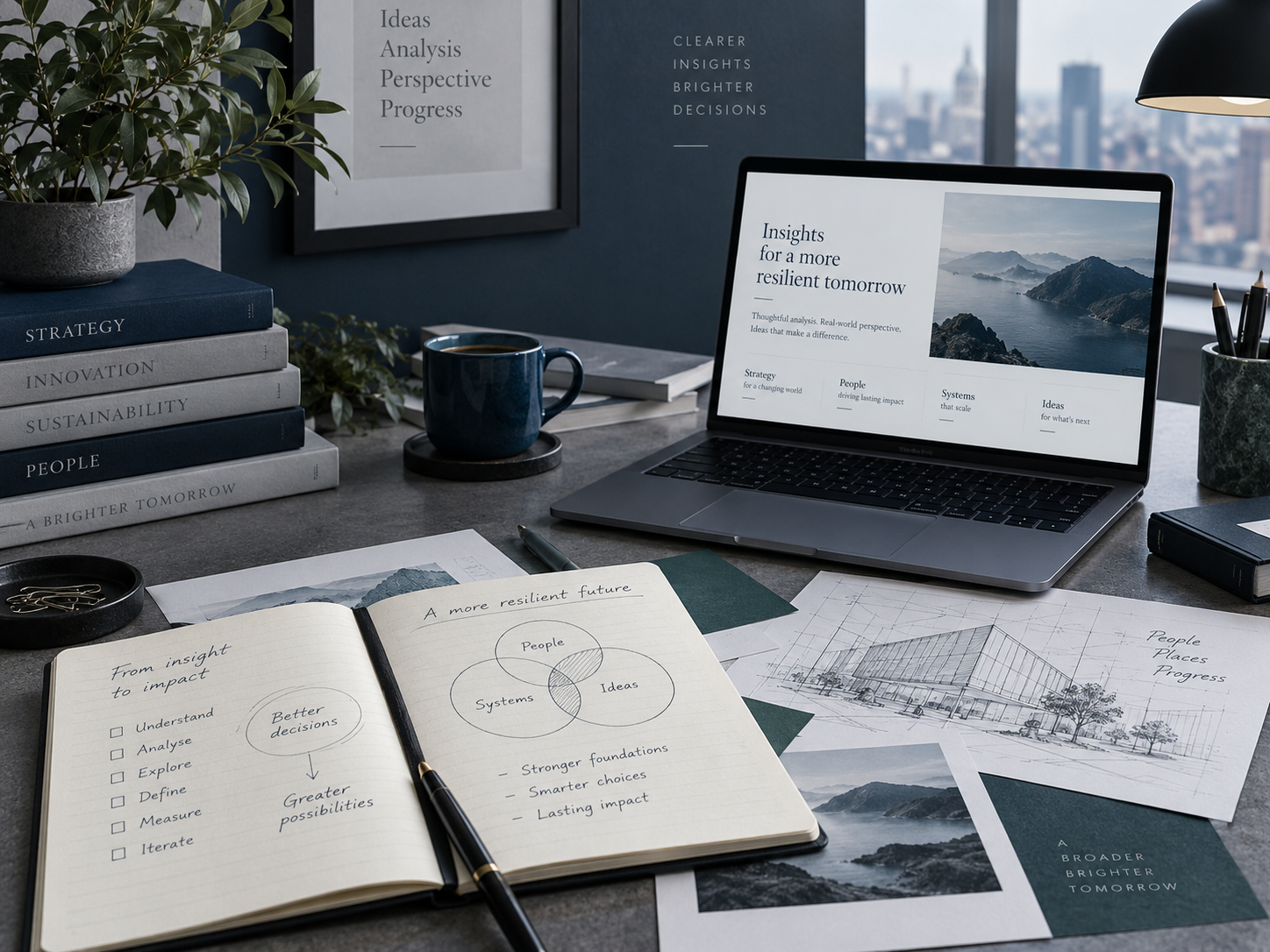 Technische werkplek die strategie, analyse en besluitvorming verbeeldt.